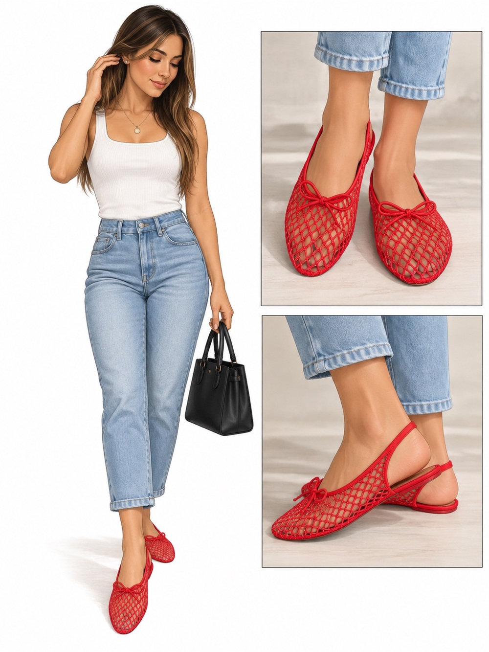 Women's Red Mesh Slingback Flats - Stylish Casual Slip-Ons